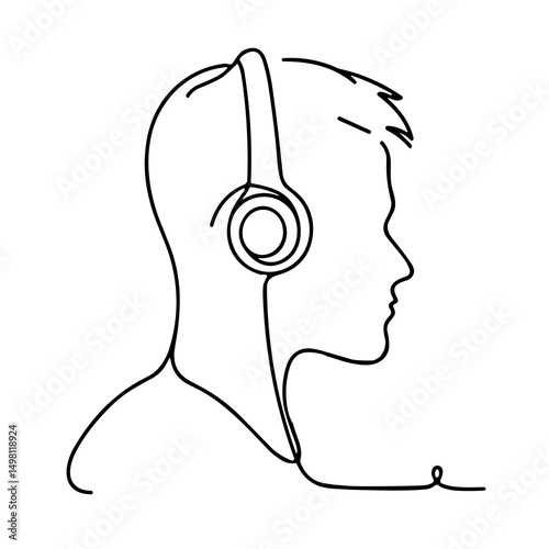 Line art illustration of a person wearing headphones in profile  