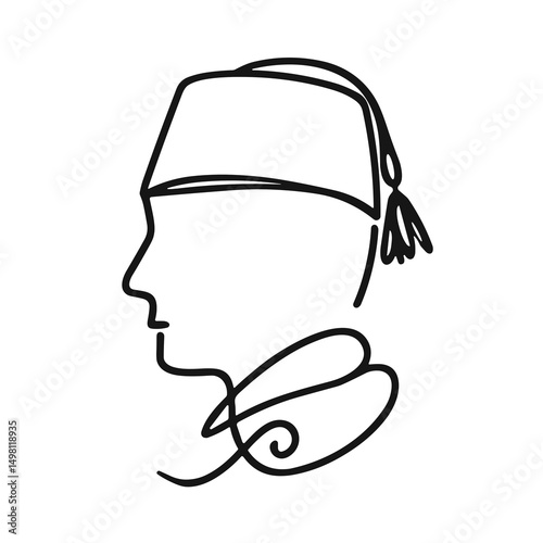 Continuous line drawing of a man wearing a fez hat  