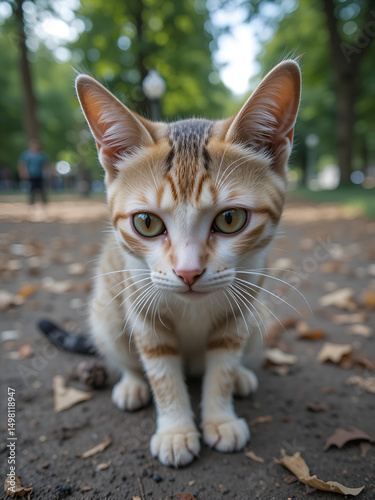 Sick stray cat in the park with focused eyes