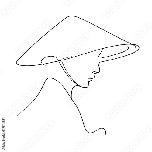Minimalist line drawing of a woman wearing a conical hat  