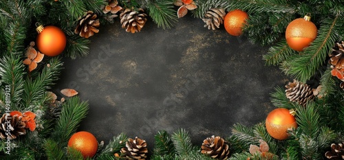 Christmas Festive Frame with Ornament and Pine Cones