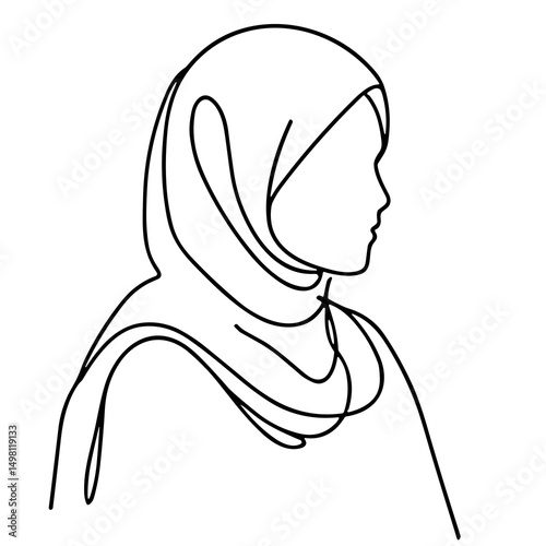 Line art of a woman wearing a hijab in profile view  