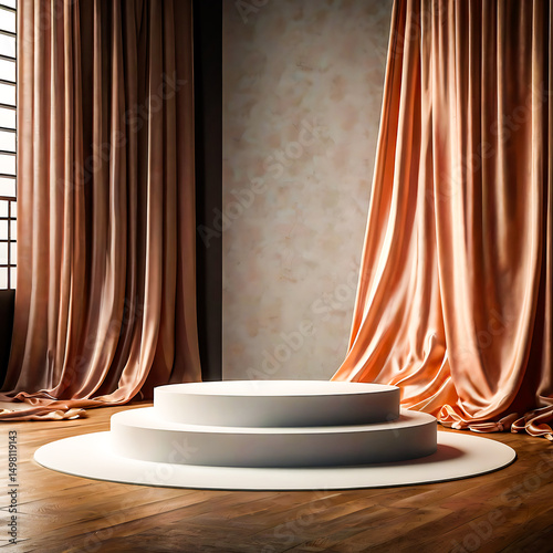 Elegant Two Tiered White Display Stand with Peach Curtains