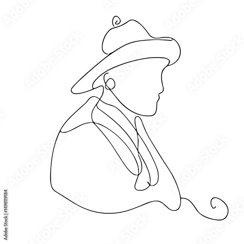 One-line drawing of a woman in a hat from the side view  