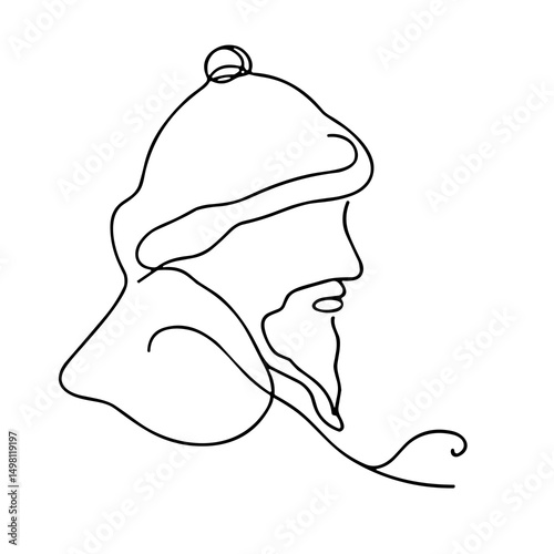 Continuous line drawing of a man with a beard and hat  