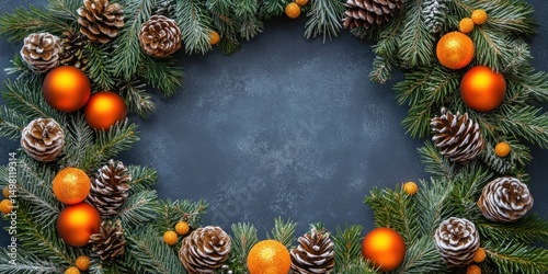 Christmas Wreath with Orange Ornaments and Pine Cones