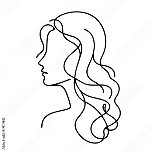 Continuous line drawing of a woman’s profile with flowing hair  