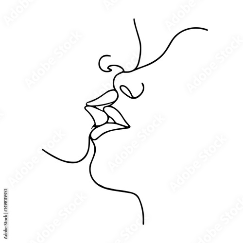 Abstract continuous line drawing of two faces kissing  