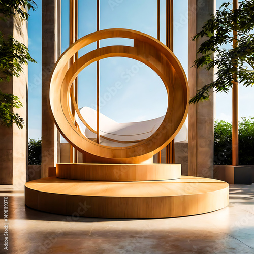Modern Minimalist Wooden Display Platform with Circular Archway