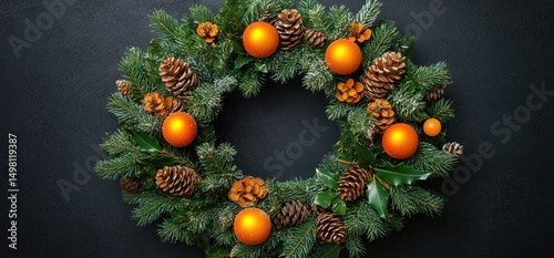 A Festive Christmas Wreath with Oranges and Pinecones