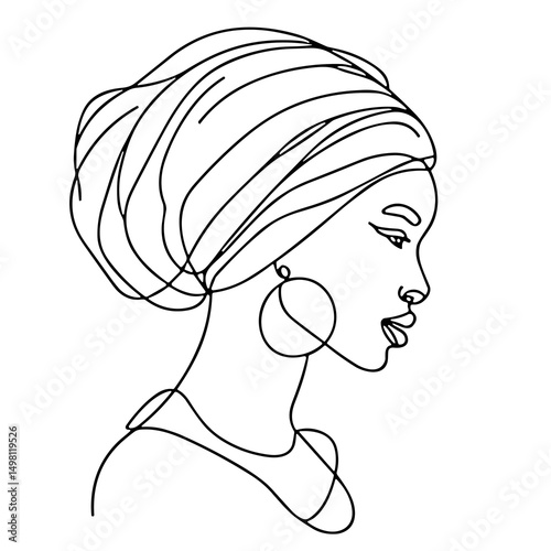 Minimalist line art of a woman's profile with head wrap and earrings  