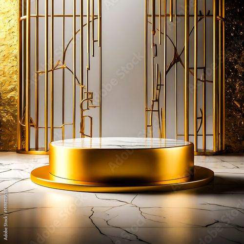 Elegant Gold and Marble Product Display Platform with Art Deco Screens
