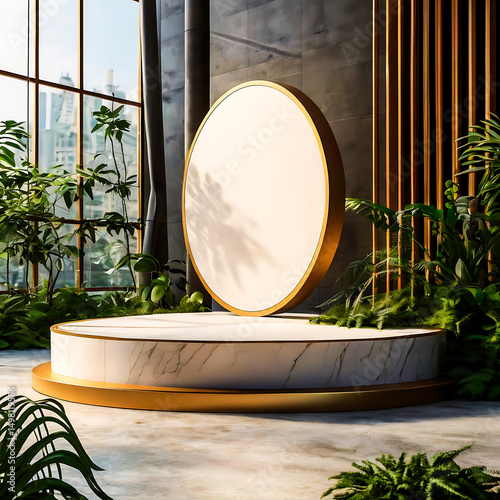 Elegant Marble and Gold Product Display Platform with Lush Greenery