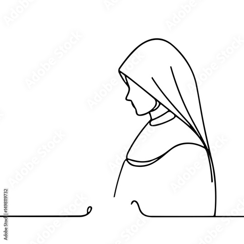 Minimalist line drawing of a woman in profile with a hood  