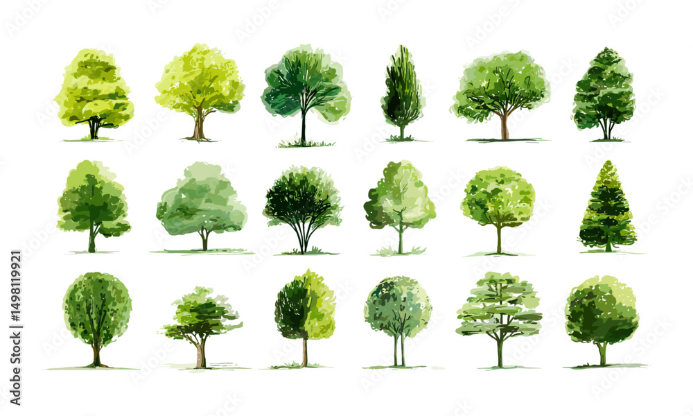 Fototapeta premium Tree icon set with various green foliage, forest and nature elements collection, vector illustration, eco friendly design, green landscape, park theme, natural environment, botanical, cutout.