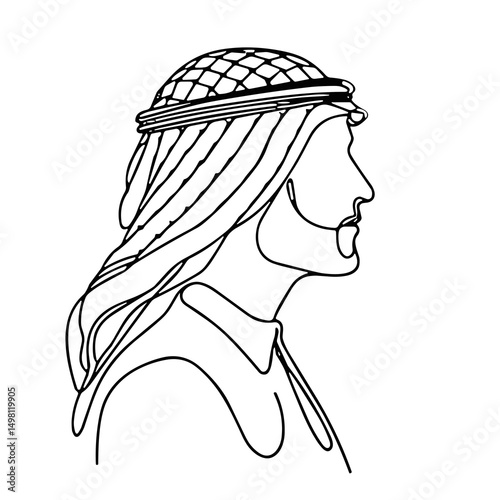 Continuous line drawing of a man wearing traditional headwear  