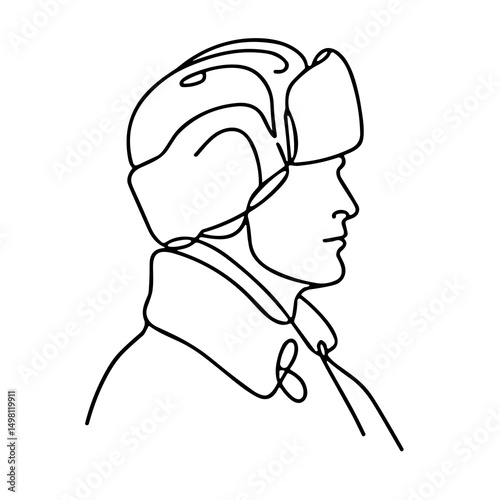 Outline of man wearing winter helmet in profile view  