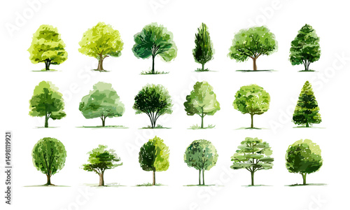 Tree icon set with various green foliage, forest and nature elements collection, vector illustration, eco friendly design, green landscape, park theme, natural environment, botanical, cutout.