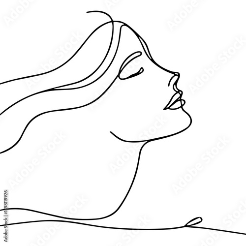 One-line drawing of a woman's profile with flowing hair  