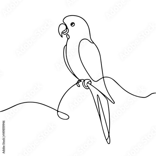 Minimalist line drawing of a parakeet sitting on a branch  