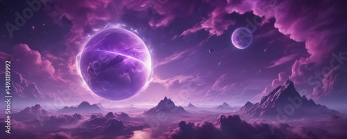 Ethereal sphere amidst swirling purple cosmic clouds  Otherworldly scene , sphere,  astronomy