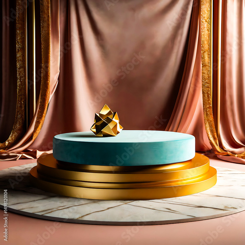 Elegant Gold and Teal Product Display Platform with Draped Fabric