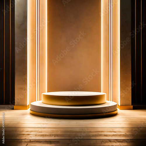 Elegant Two Tiered Gold and White Podium with Warm Lighting