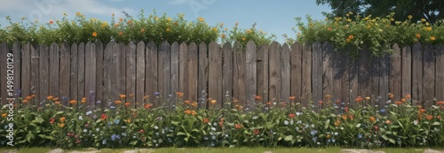 Overgrown distressed wood fence, climbing vines, wildflowers , frame, aged, nature