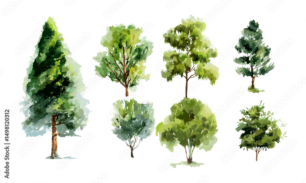 Collection of watercolor green trees, transparent background, hand drawn leaves, vector illustration, forest plants, tree clip art, natural foliage, artistic trees, green elements.
