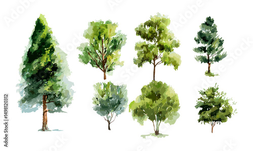 Collection of watercolor green trees, transparent background, hand drawn leaves, vector illustration, forest plants, tree clip art, natural foliage, artistic trees, green elements.