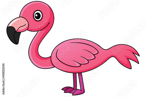 Cartoon Pink Flamingo Bird Illustration with Long Neck and Black Beak Detail