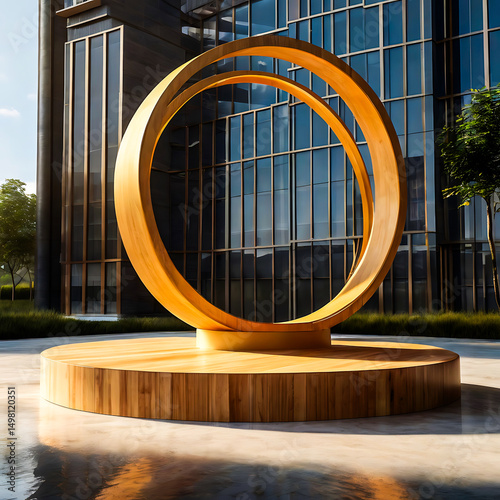 Modern Wooden Sculpture in Front of Glass Building