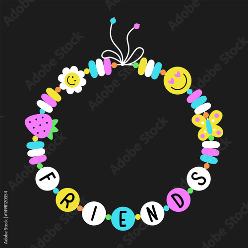 Beaded tie bracelet with Friends abbreviation. Y2K nostalgia 90s pop art style vintage BFF accessory design. EPS 10 vector retro  groovy illustration