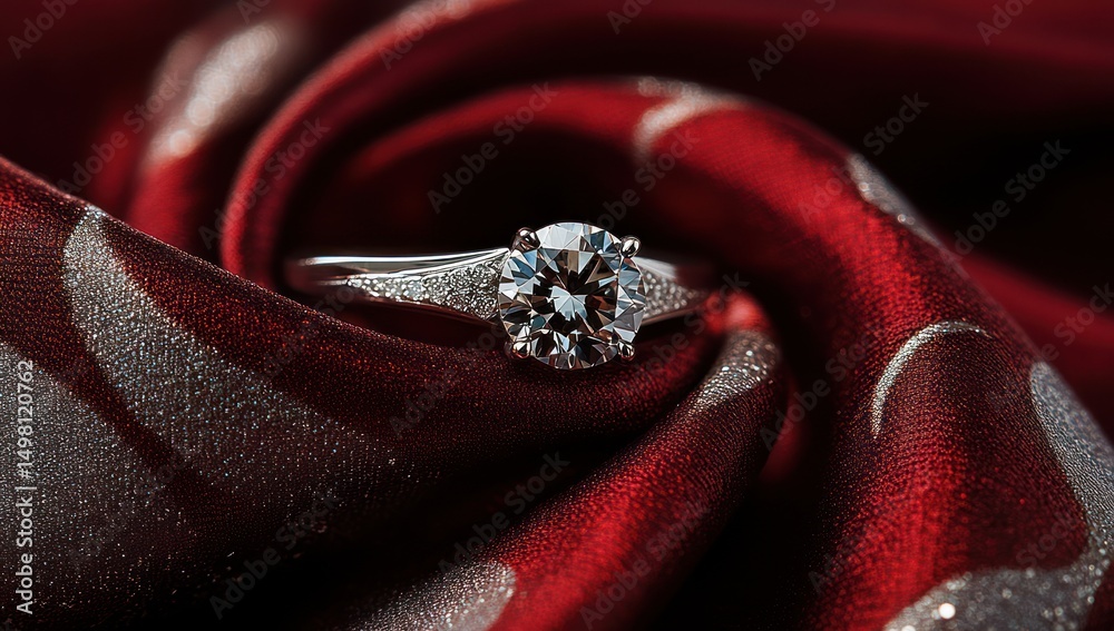 Fototapeta premium Diamond ring on luxurious red fabric