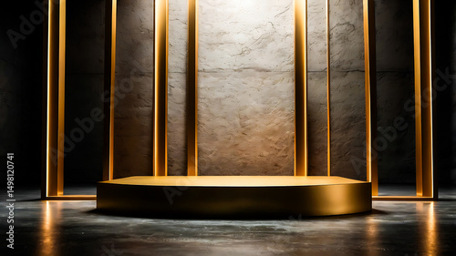 Elegant Gold Podium with Illuminated Frame Against Textured Wall