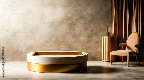 Elegant Gold and Beige Interior Scene with Product Display