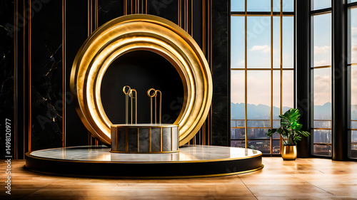Elegant Gold and Marble Product Display Platform with City View