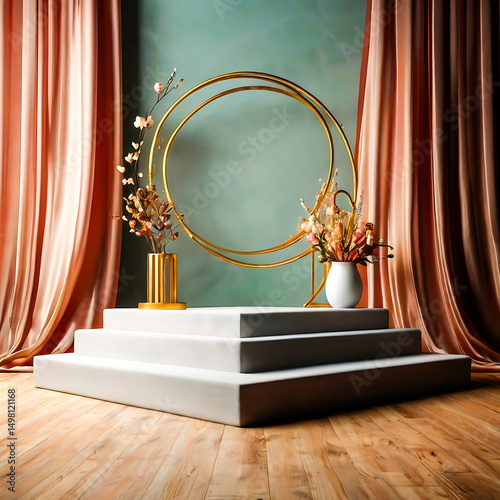 Elegant Three Tiered Display Platform with Gold Arch and Dried Flowers