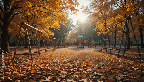 Sunlight filters through vibrant yellow and orange leaves in a serene park, highlighting swings and a play structure surrounded by a carpet of fallen leaves