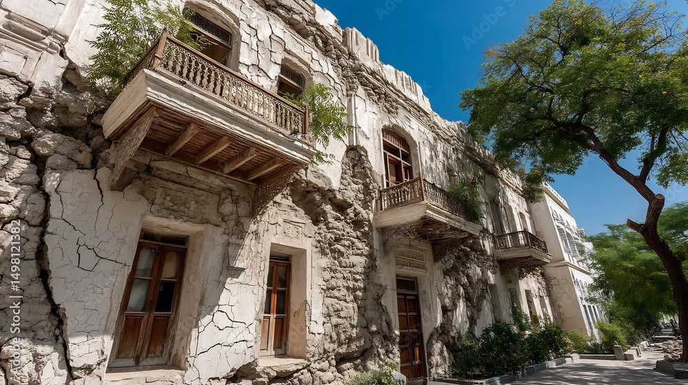 Obraz premium Colonial architecture conservation plan showing stucco faade microcracking patterns limewash deterioration rates and climate adapted construction methods