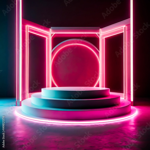 Neon Pink and Teal Lit Three Tiered Display Platform