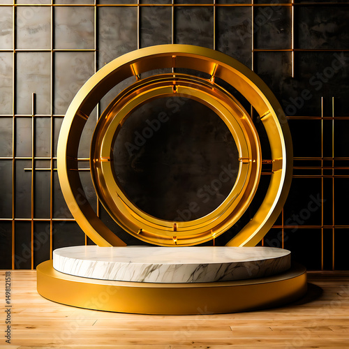Elegant Gold and Marble Product Display Podium with Geometric Background