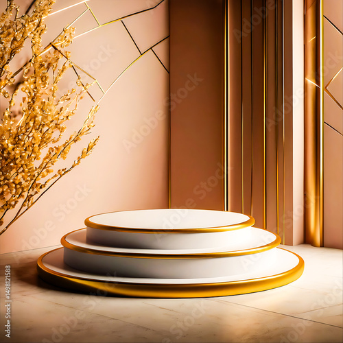 Elegant Three Tiered Round Podium with Gold Accents and Dried Flowers
