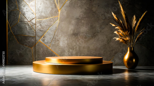 Elegant Gold Podium with Pampas Grass on Textured Background