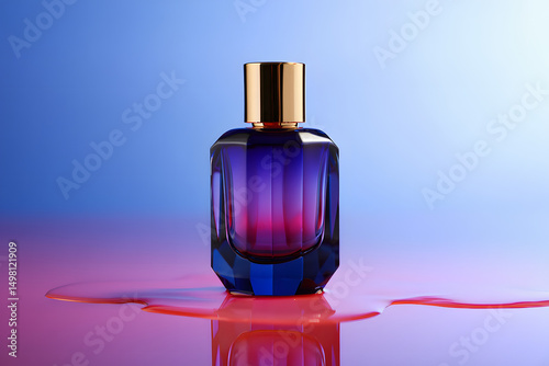 Pink and Blue Perfume Bottle with Gold Cap -  Glossy Surface