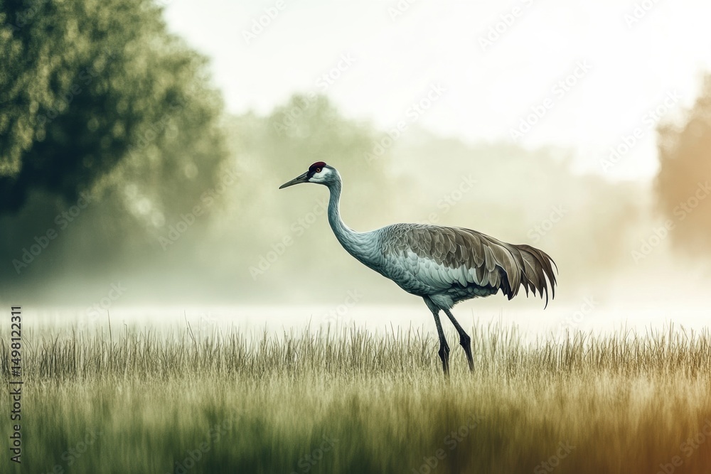 Fototapeta premium Majestic common crane stands gracefully in a misty meadow at dawns first light
