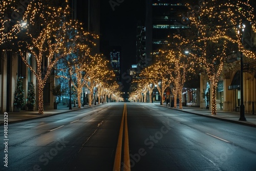 Serene Night in the City: Christmas Lights Adorn Empty Streets