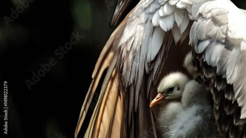 Mother crane shelters fluffy chick under her wing in a tender display of protection