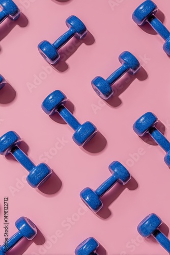 A pink background pattern serves as the backdrop for blue fitness dumbbells, which are essential equipment for home workouts and exercises, as seen in a flat lay gym, symbolizing a healthy lifestyle