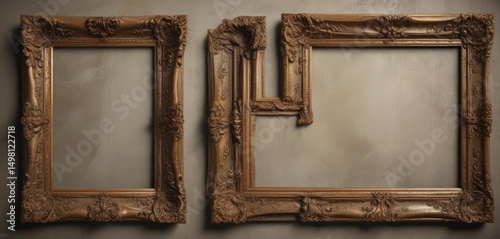 Elegant aged photo frames, intricate carvings, subtle patina,  nostalgic,  decoration,  white